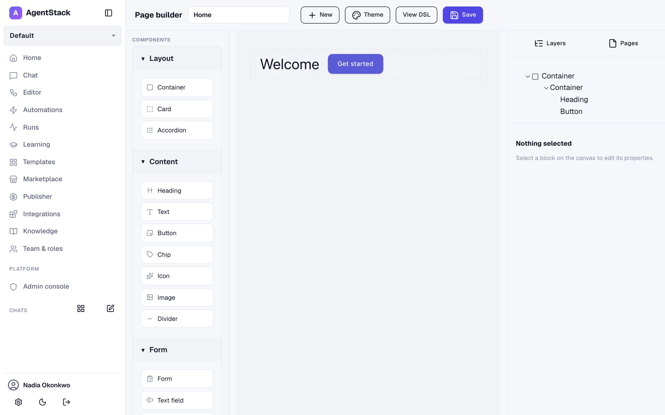 The Studio page builder: a component palette, the canvas, a layer tree, and the properties of the selected block