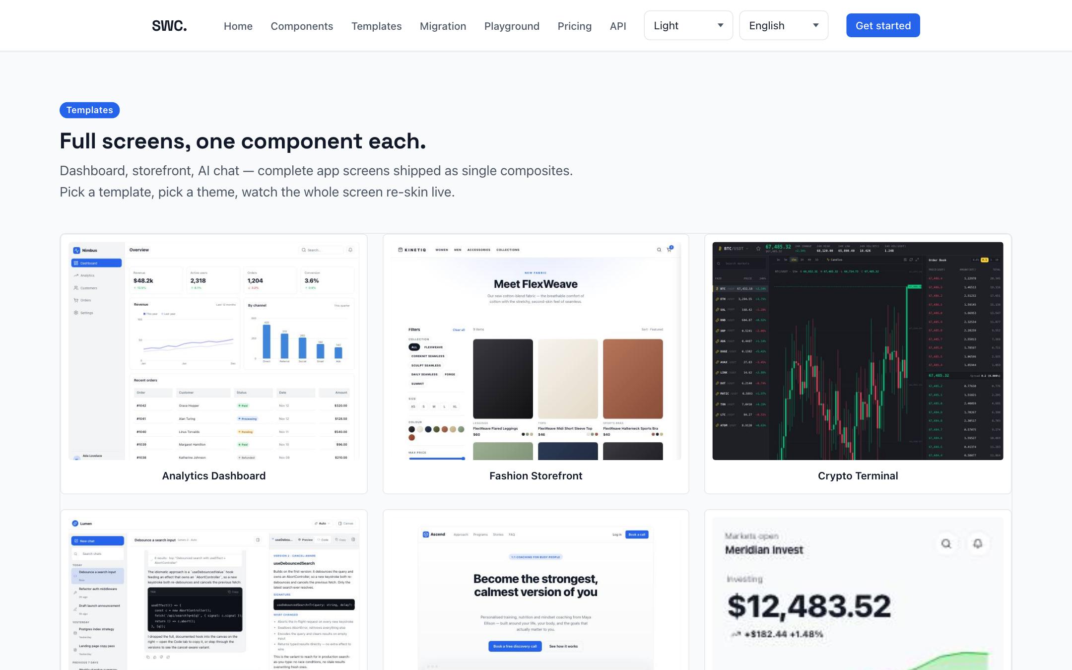 The SWC template gallery: seventeen full-page application templates.
